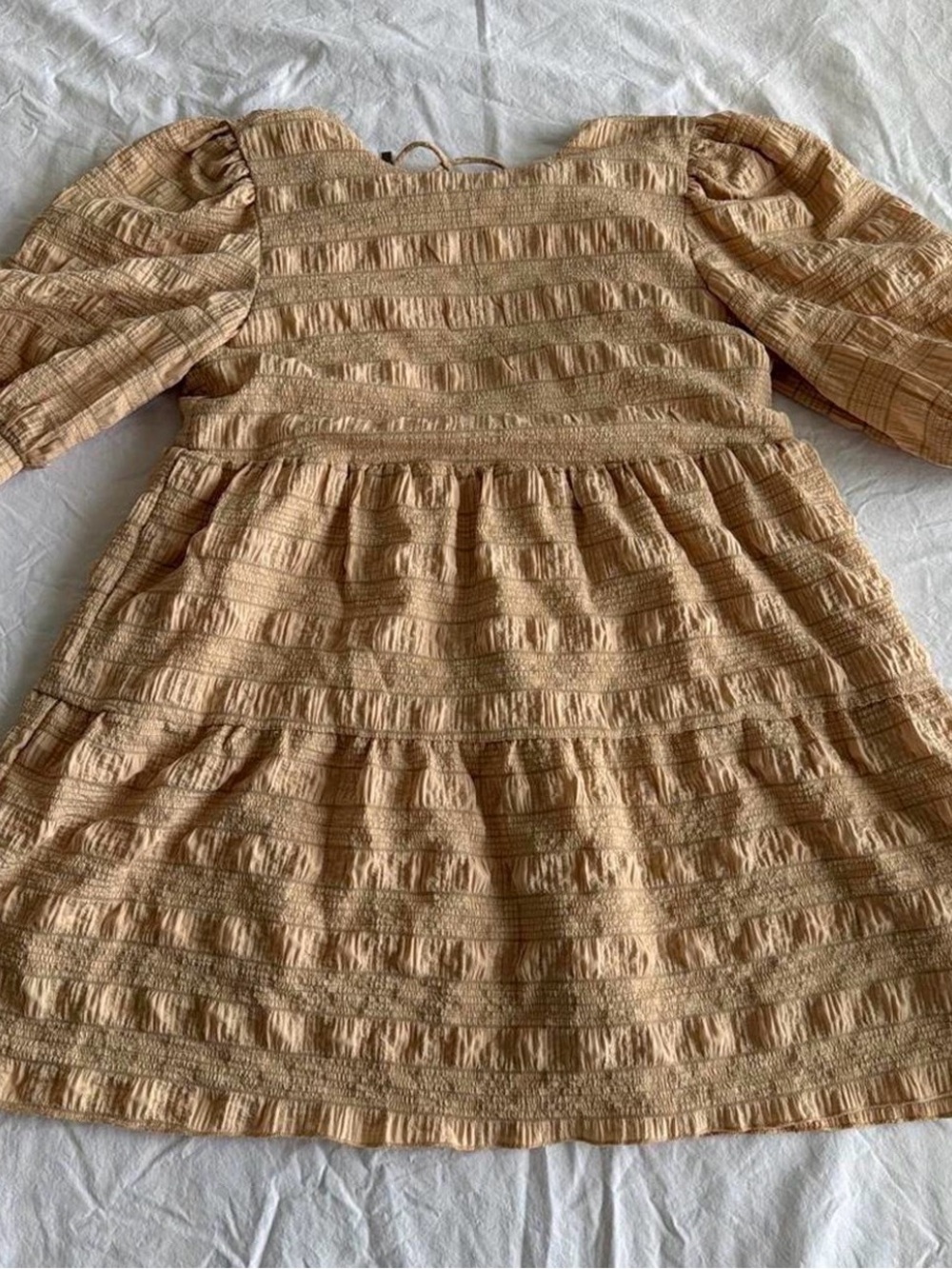 Showpo Beige Tan Textured Puff-Sleeve Mini Dress
